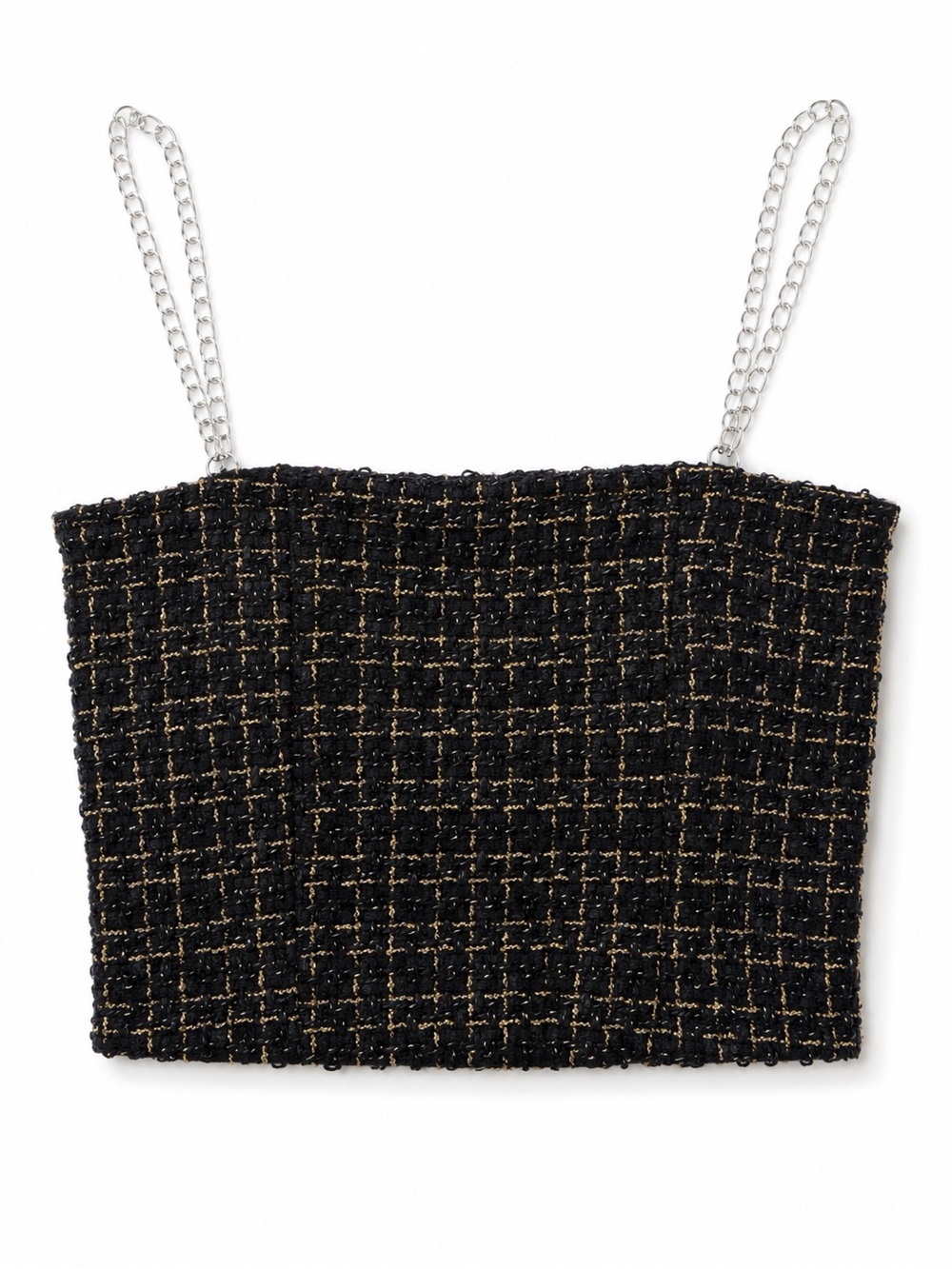 Black & Gold Tweed Chain Strap Crop Top